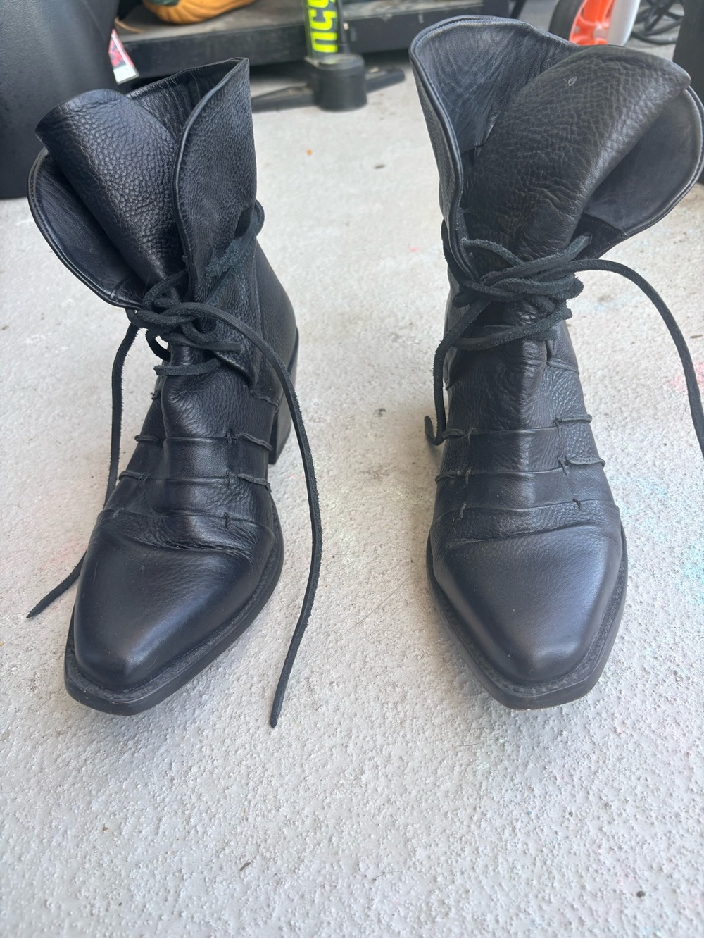 John Fluevog Black Leather Ankle Boots with Pointed Toe